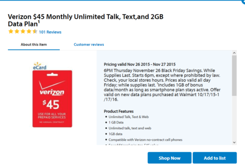 Walmart Offering Promotional Double Data for Life With Verizon's $45