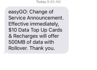 EasyGO Sent Out SMS To Subscribers With Notification Of A Change To Data Add On Cards