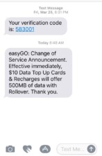 EasyGO Sent Out SMS To Subscribers With Notification Of A Change To Data Add On Cards