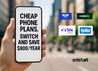 Hand holding a smartphone displaying "Cheap phone plans. Switch and save $800/year" with blurred city background and logos of MobileX, US Mobile, Tello, Cricket Wireless, and Visible