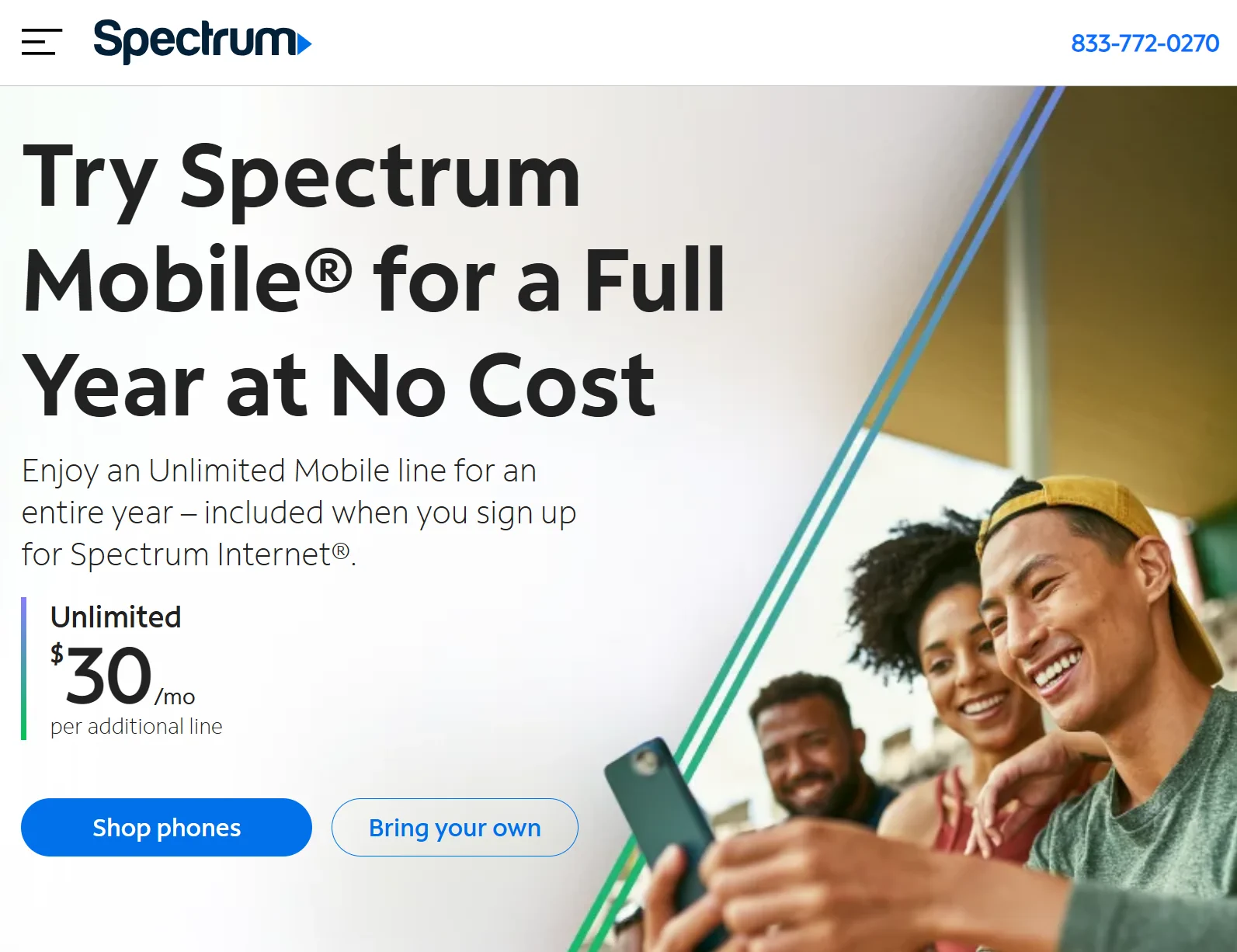 Free spectrum for a year Group of people with person looking at phone. Banner that says try spectrum mobile for a full year at no cost
