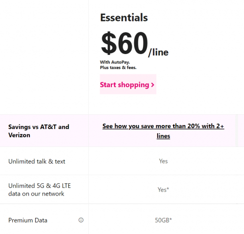 T-Mobile Unlimited Data Essentials Plan Screenshot