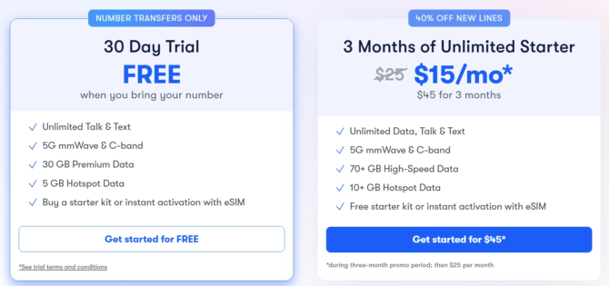 Screenshot from US Mobile's website showing both of US Mobile's trial offers for new customers