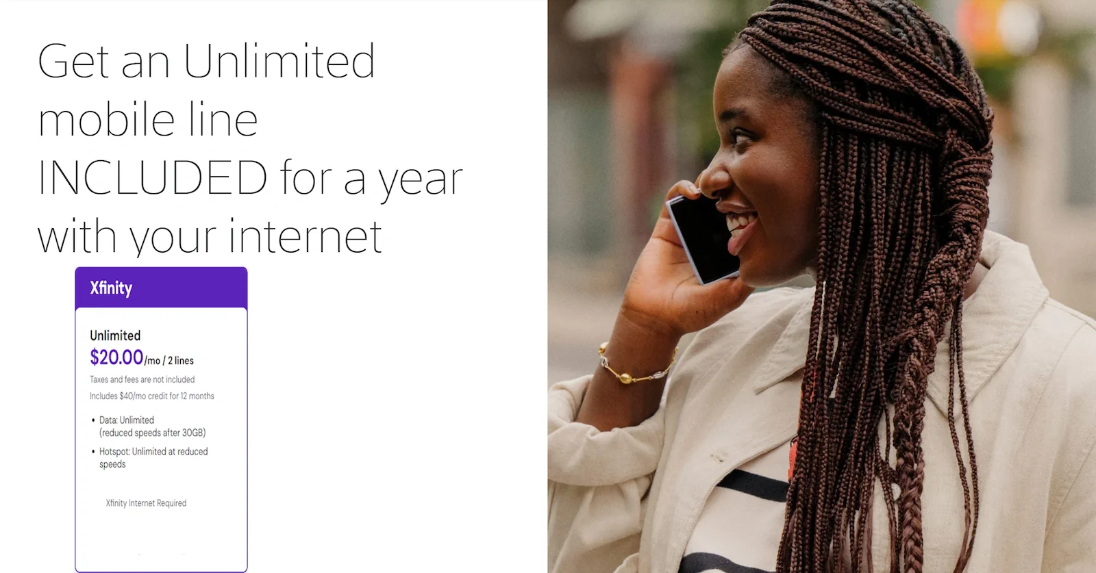 Xfinity Mobile showing the text “Get an Unlimited mobile line INCLUDED for a year with your internet.” A pricing card says Unlimited is $20.00 per month for 2 lines, with unlimited data and hotspot at reduced speeds after limits. On the right, a smiling woman with long braids talks on a smartphone outdoors.