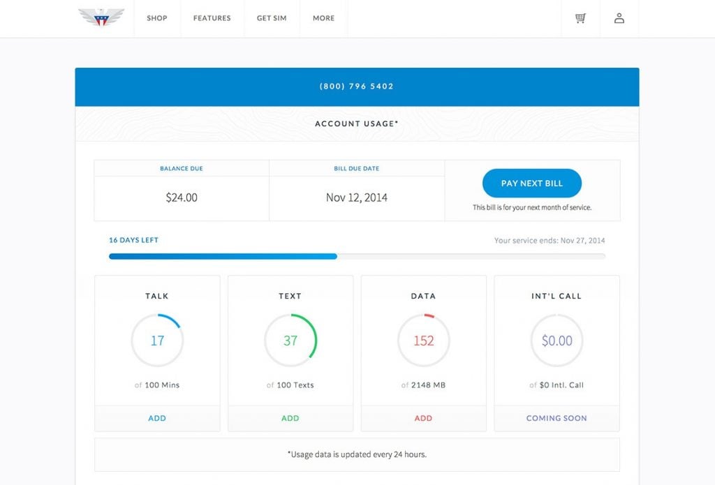 US Mobile account dashboard