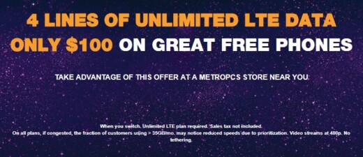 MetroPCS 4 Lines $100 Unlimited Data Offer