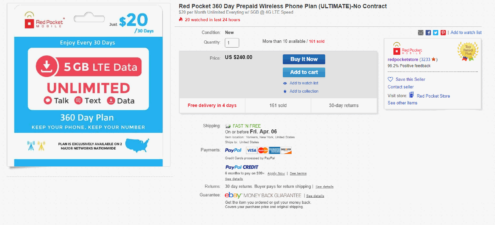 Red Pocket Mobile Announces New eBay Plan With 5GB Of Data For 20 Dollars