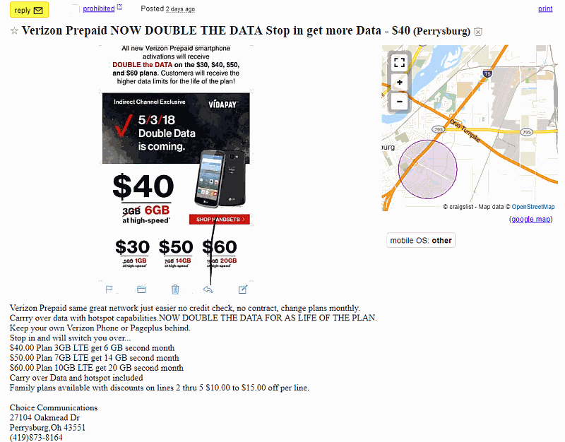 Dealers Such As Choice Communications Out Of Ohio Are Advertising Double Data For Life On Craigslist
