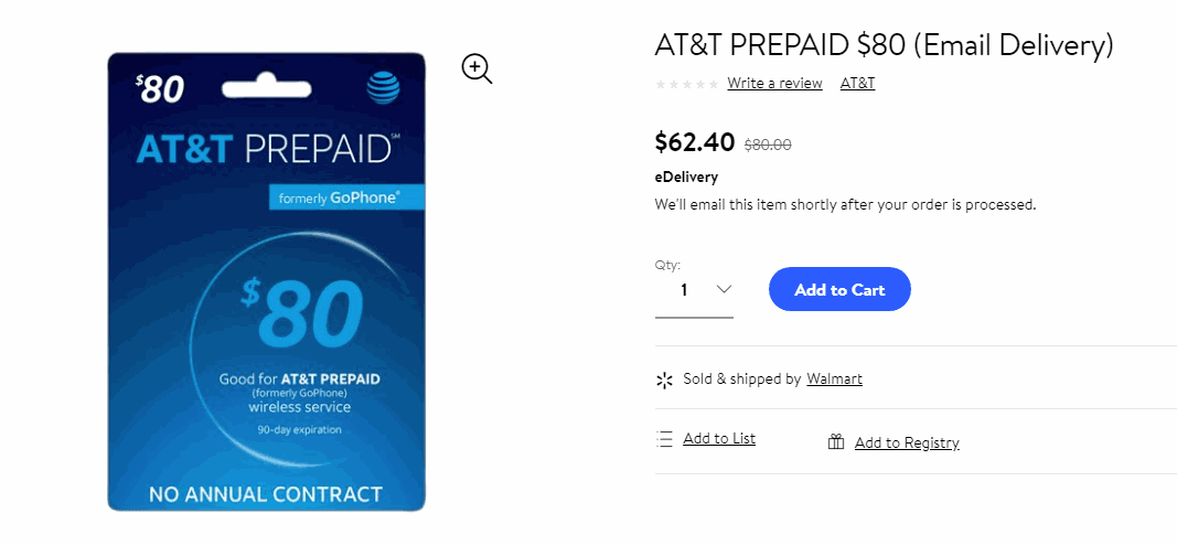 $80 ATT Prepaid Refill Card Is On Sale At Walmart