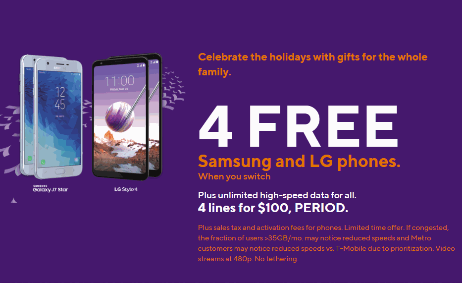 Get 4 Free Phones And 4 Unlimited Lines For $100 Dollars When You Switch To Metro By T-Mobile