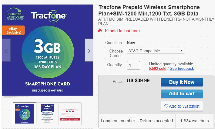 Tracfone Lowers Price Of eBay Exclusive Annual Plan With 3GB LTE Data (Screenshot Of Plan Offering)