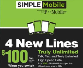 Simple Mobile Offers 4 Unlimited Lines For $100