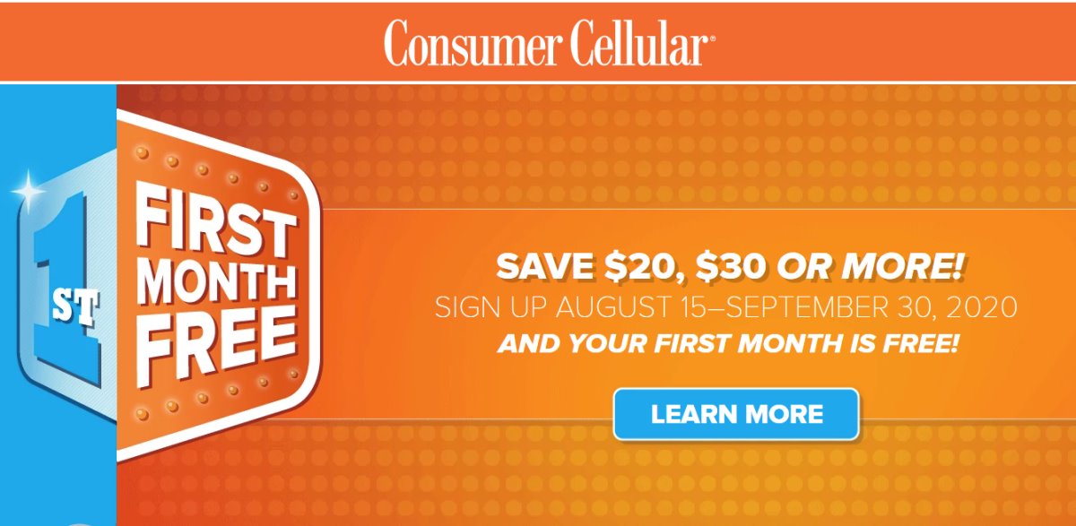 Consumer Cellular Aug-Sept 2020 One Month Free Promo