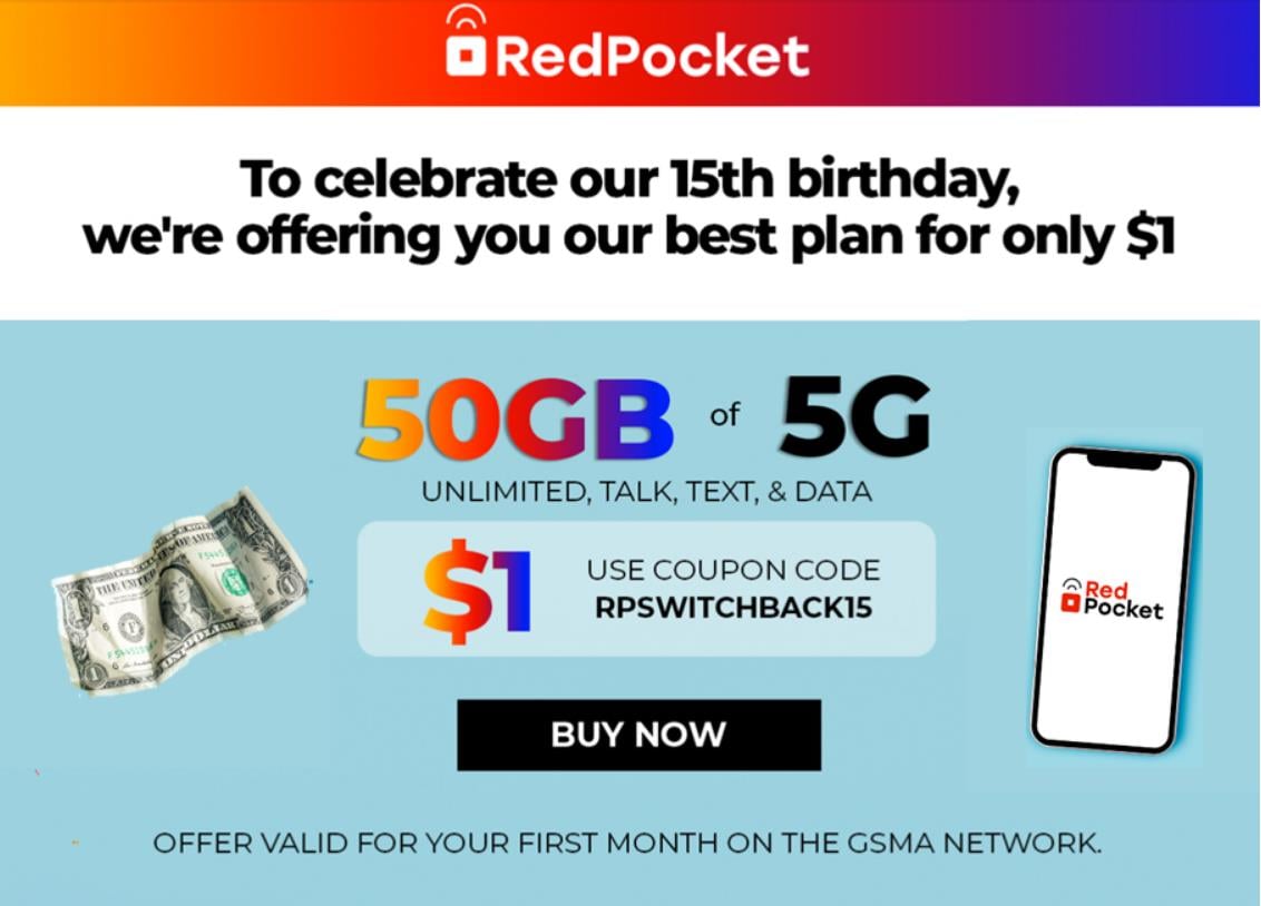 Red Pocket Mobile 50GB for $1 e-mail offer