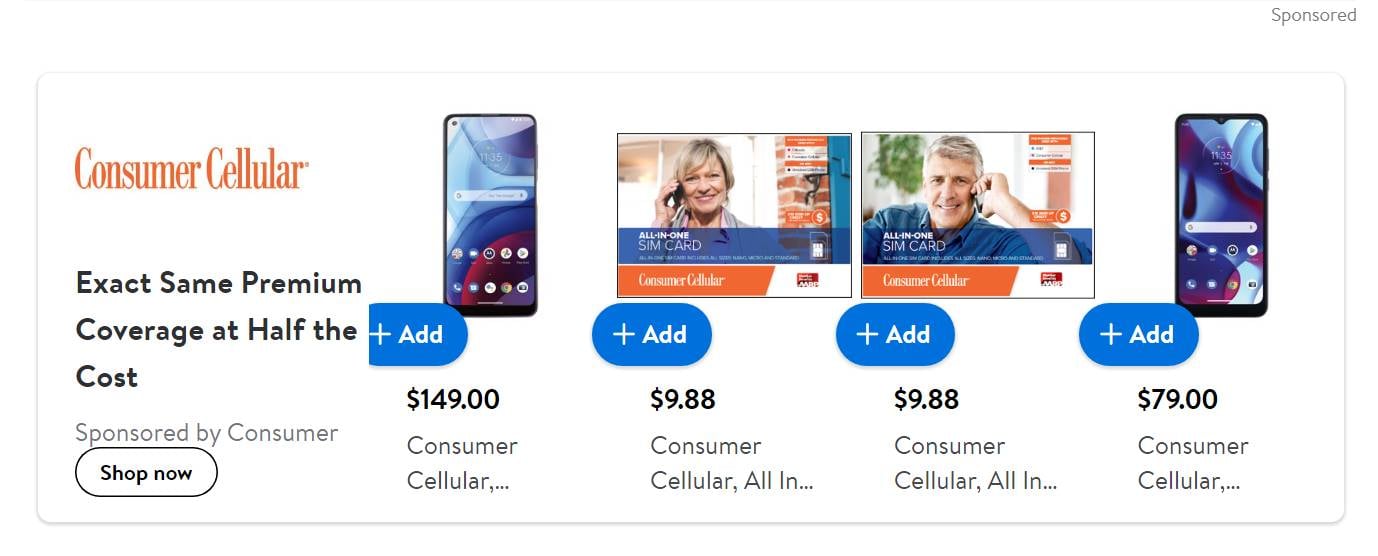 Consumer Cellular Sponsoring Ads On Walmart.com