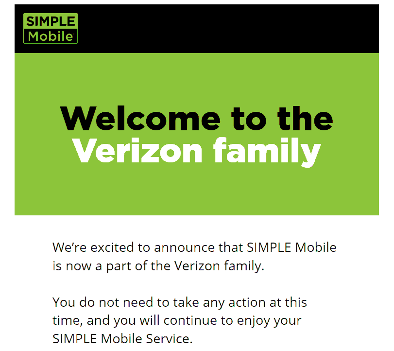 Excerpt Of Email Sent Out To Simple Mobile Subscribers Welcoming Them To Verizon Family