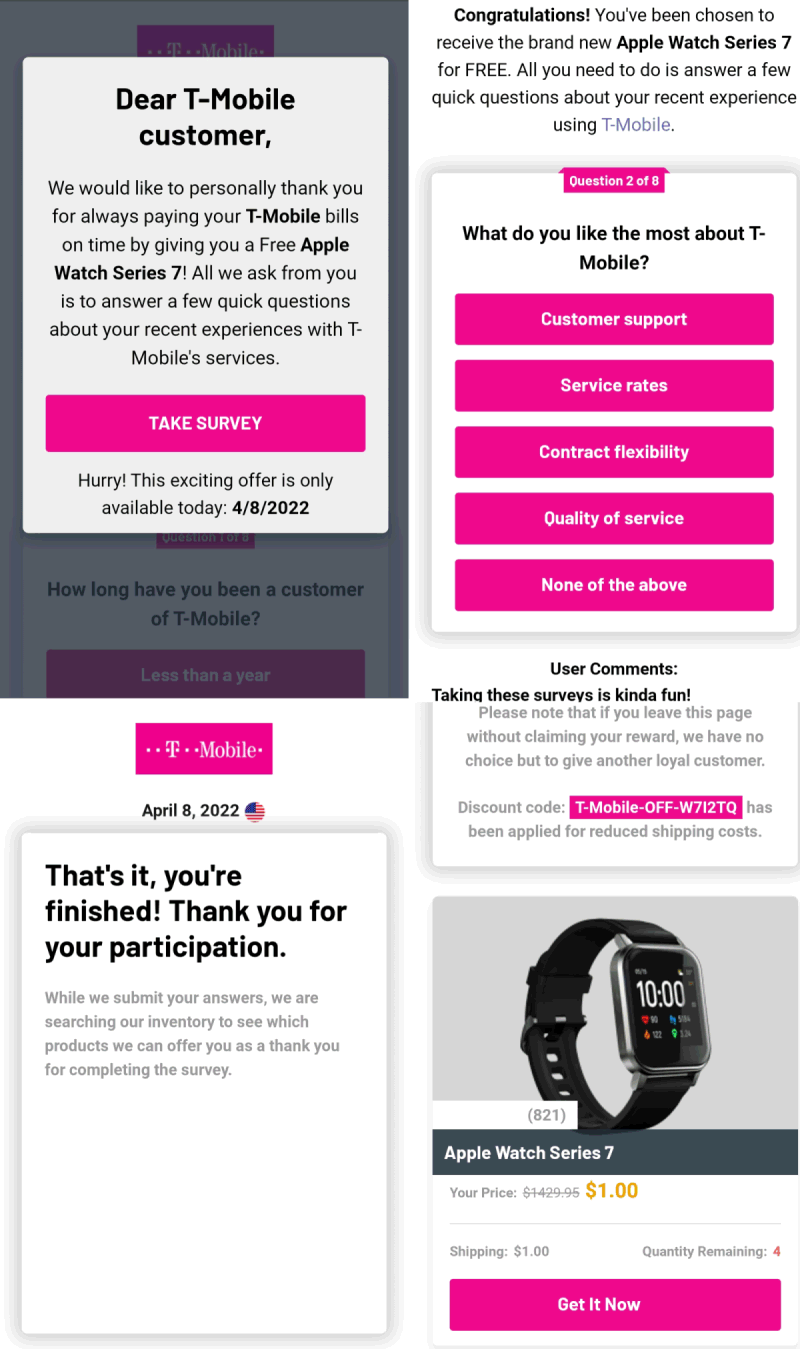 Screenshots From Fake Survey I Took That Is Being Sent To T-Mobile Subscribers Via Text Messaging Spam