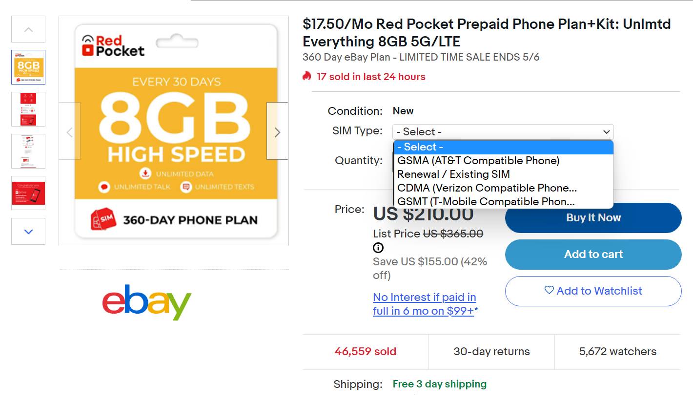 Red Pocket 8GB Plan eBay Sale