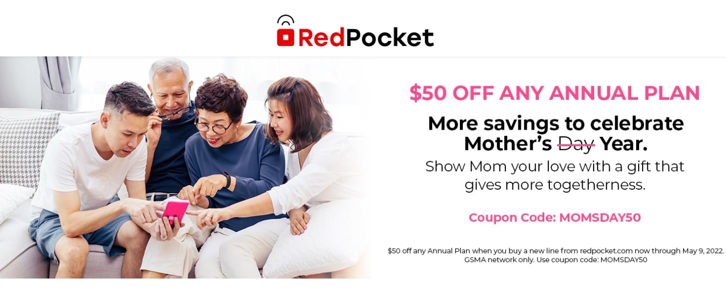 Red Pocket Mobile $50 Off Annual Plan Mother's Year Sale