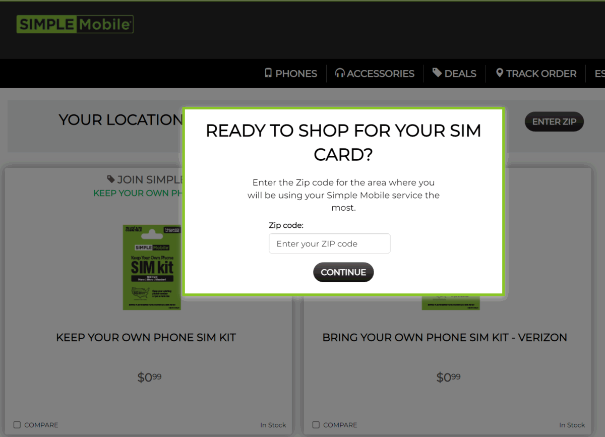 Simple Mobile Verizon branded SIM hidden behind Zip code checker on Simple Mobile's website