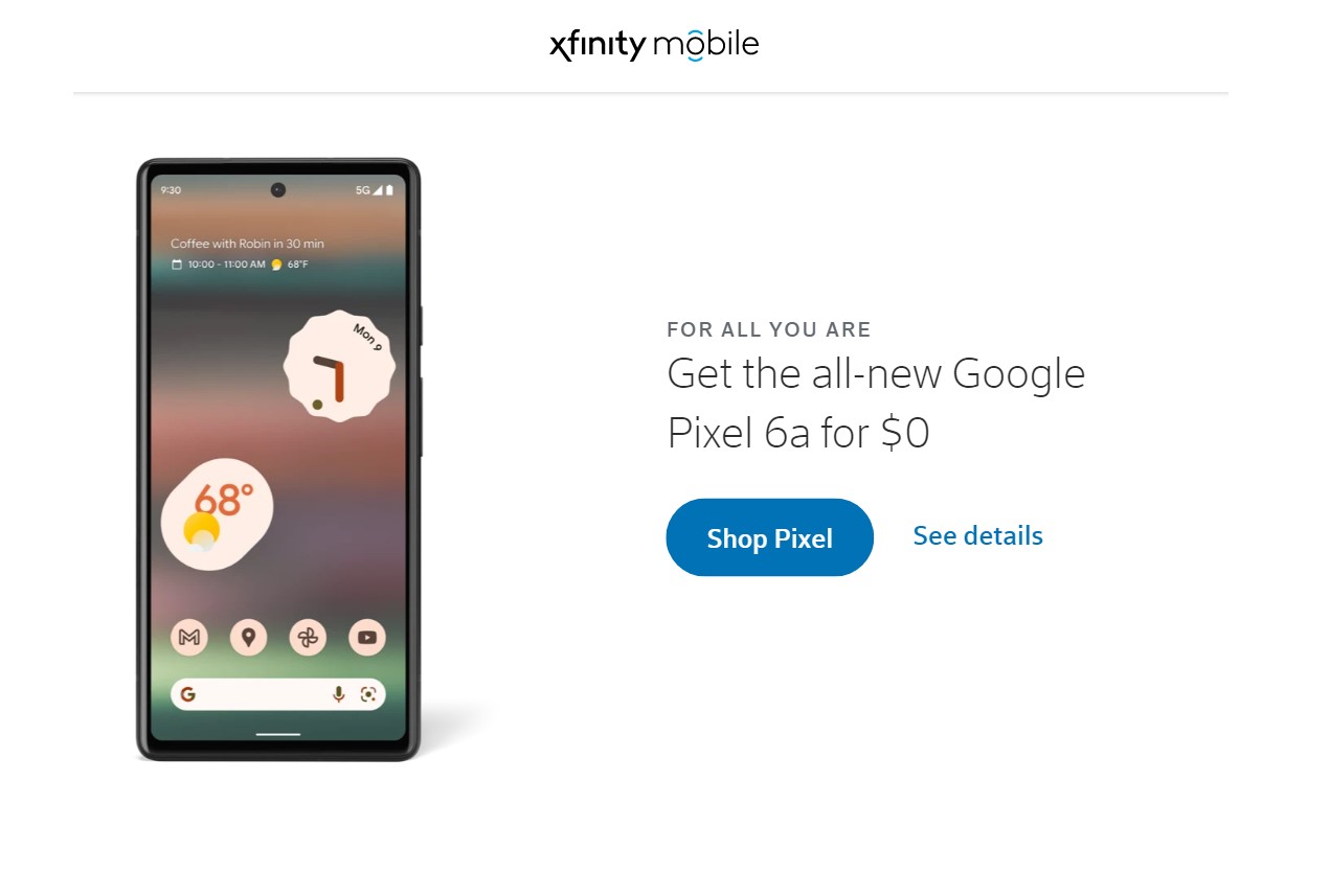 Xfinity Mobile Google Pixel 6a On Us Offer