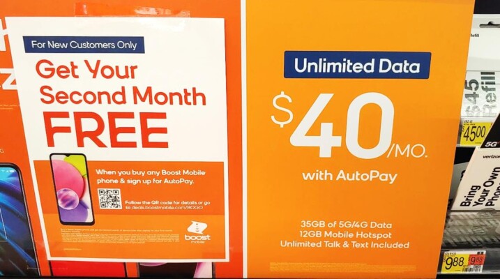 Boost Mobile Second Month Free Offer As Seen At A KS Area Walmart (Photo by Wave7 Research)