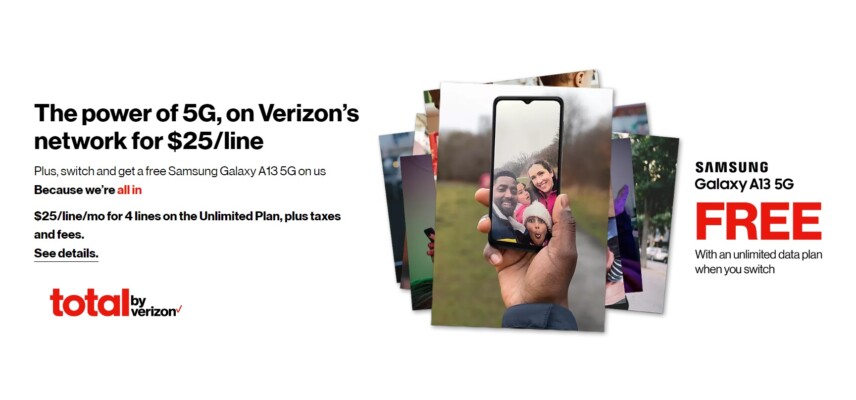 Total by Verizon 4 lines for $100 Offer, plus free Samsung Galaxy a13 5g