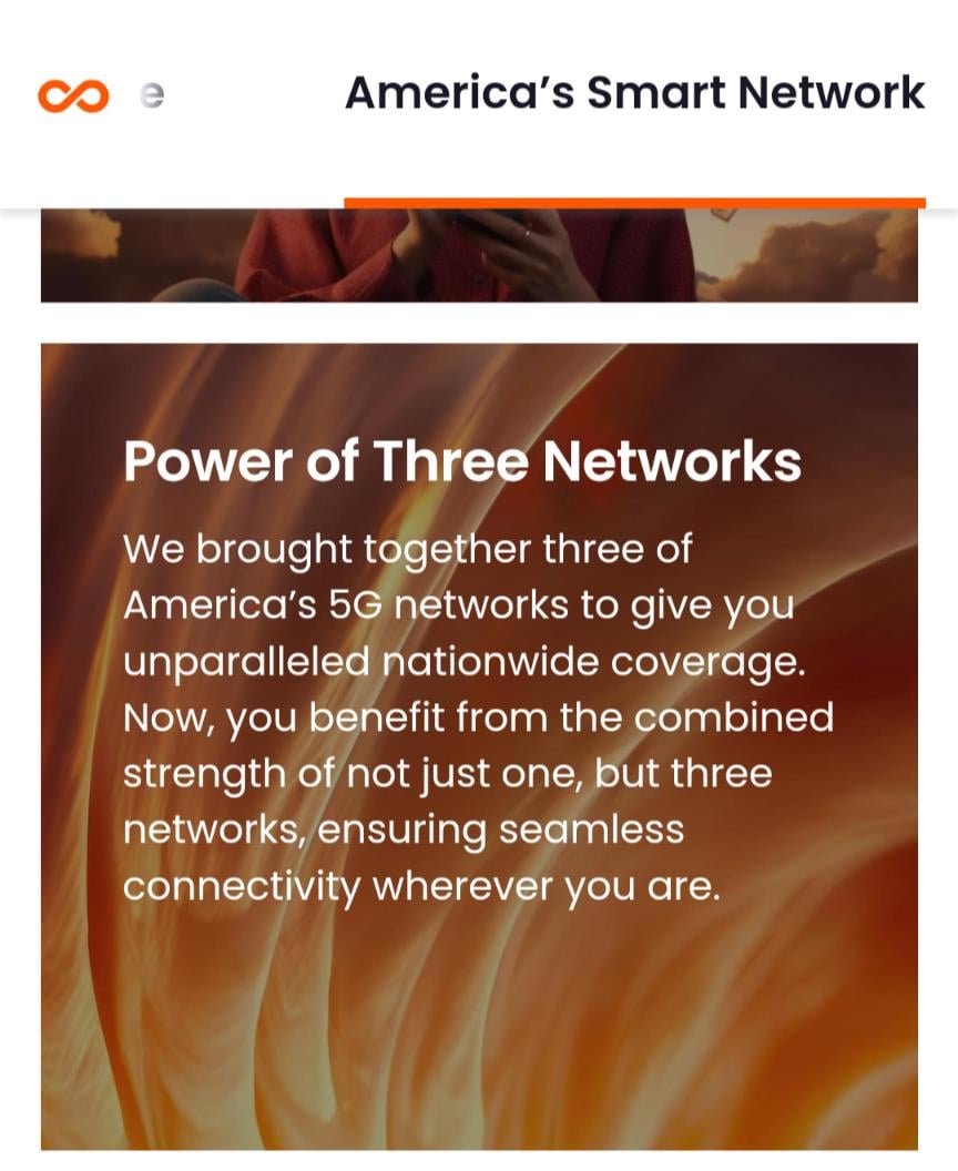 Screenshot of Amazon's Boost Infinite page highlighting that customers have the combined strength of three networks