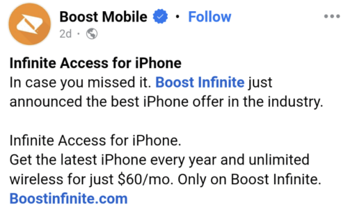 Boost Mobile Social Media Facebook Post Advertising Boost Infinite iPhone Offer