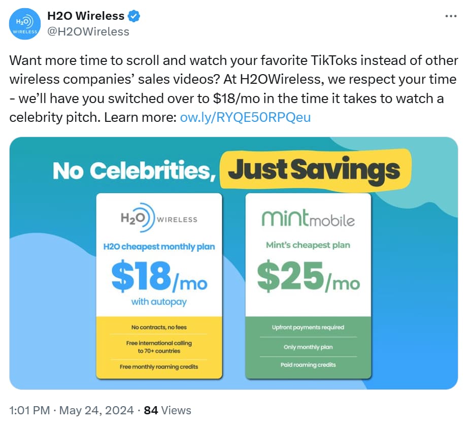 H2O Wireless Compares Its Plan To A Mint Mobile Plan That Doesn't Exist