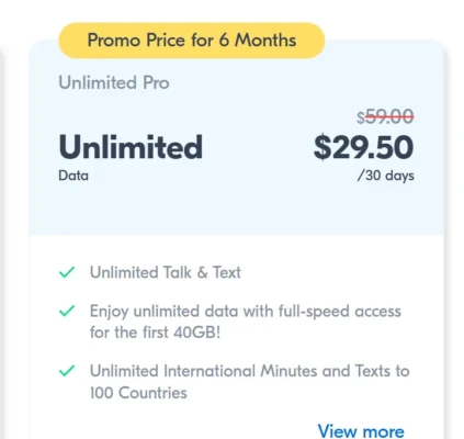 Lyca Mobile Unlimited Pro limited-time promotion showing price reduced from $50 to $29.50 per 30 days for six months, with unlimited talk and text, 40GB high-speed data, and international minutes.