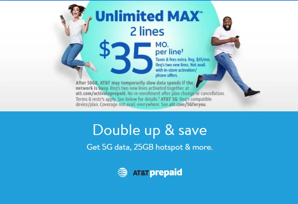 Banner on Walmart website advertising 2 lines Unlimited Max for $35/month per line