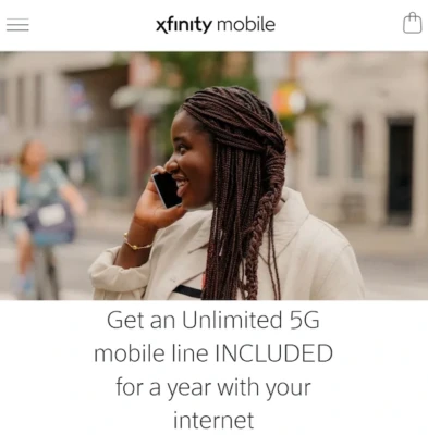Women talking on phone, above her says Xfinity Mobile and below says Get unlimited 5G mobile line included for a year with your internet
