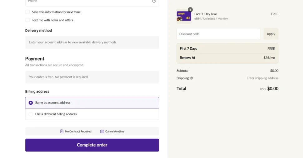 Mingle Mobile checkout page shows no payment needed for free trial offer