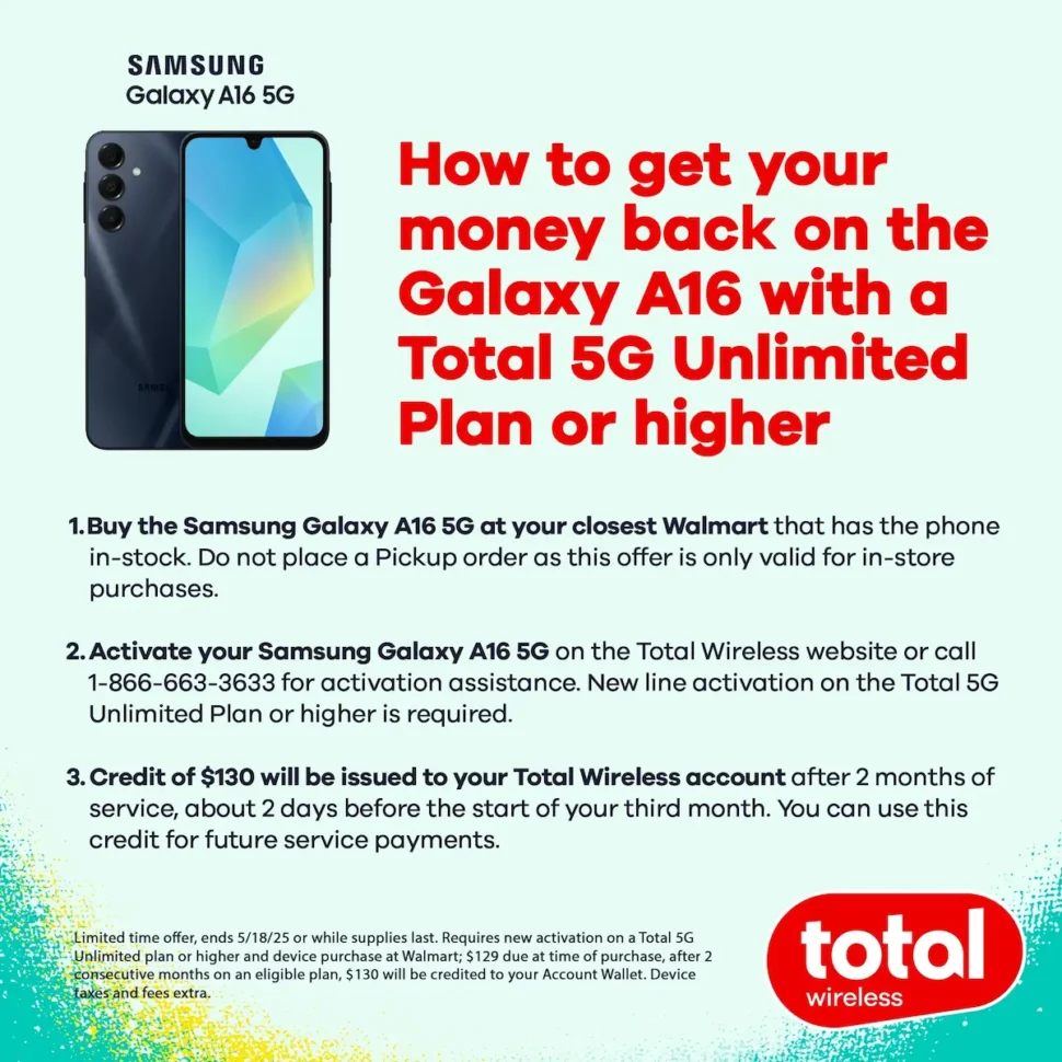 Terms and conditions of free Samsung Galaxy A16 Total Wireless deal at Walmart