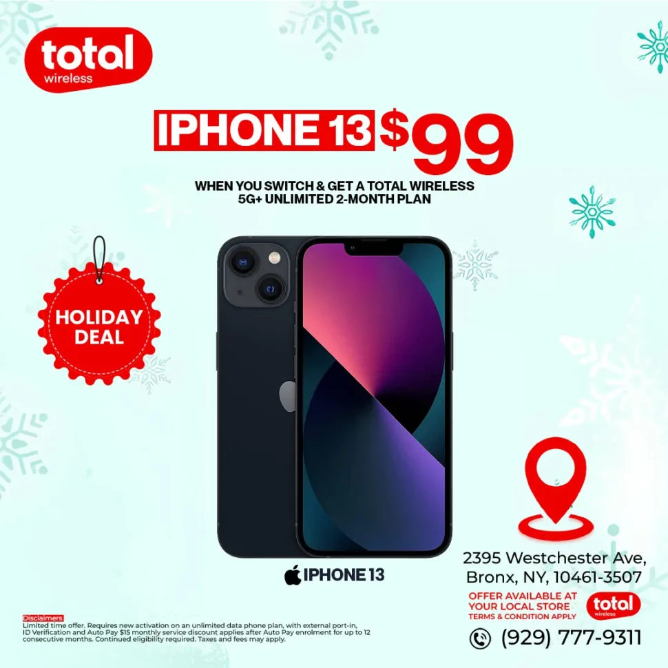 Total Wireless $99 iPhone 13 dealer offer, two month plan purchase