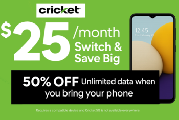 Cricket Wireless 50 percent off when you bring your own phone showing $25/month for unlimited