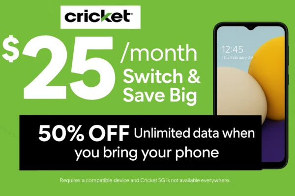 Cricket Wireless 50 percent off when you bring your own phone showing $25/month for unlimited