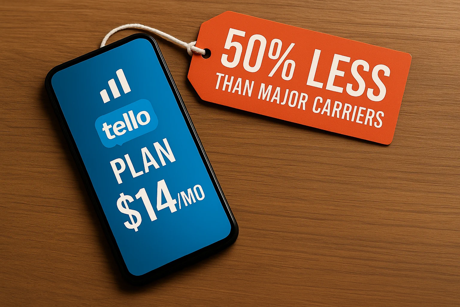 Cell phone with Tello Mobile branding and a price tag attached to it that shows 50% less than major carriers