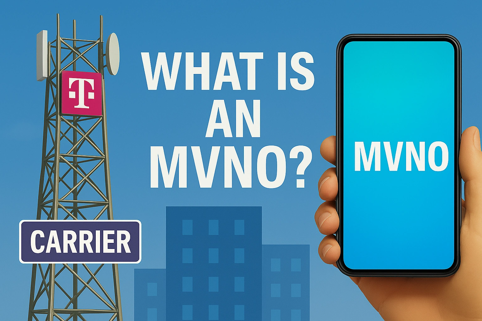 T-Mobile cell tower next to a smartphone labeled MVNO, representing how MVNOs use major carrier networks