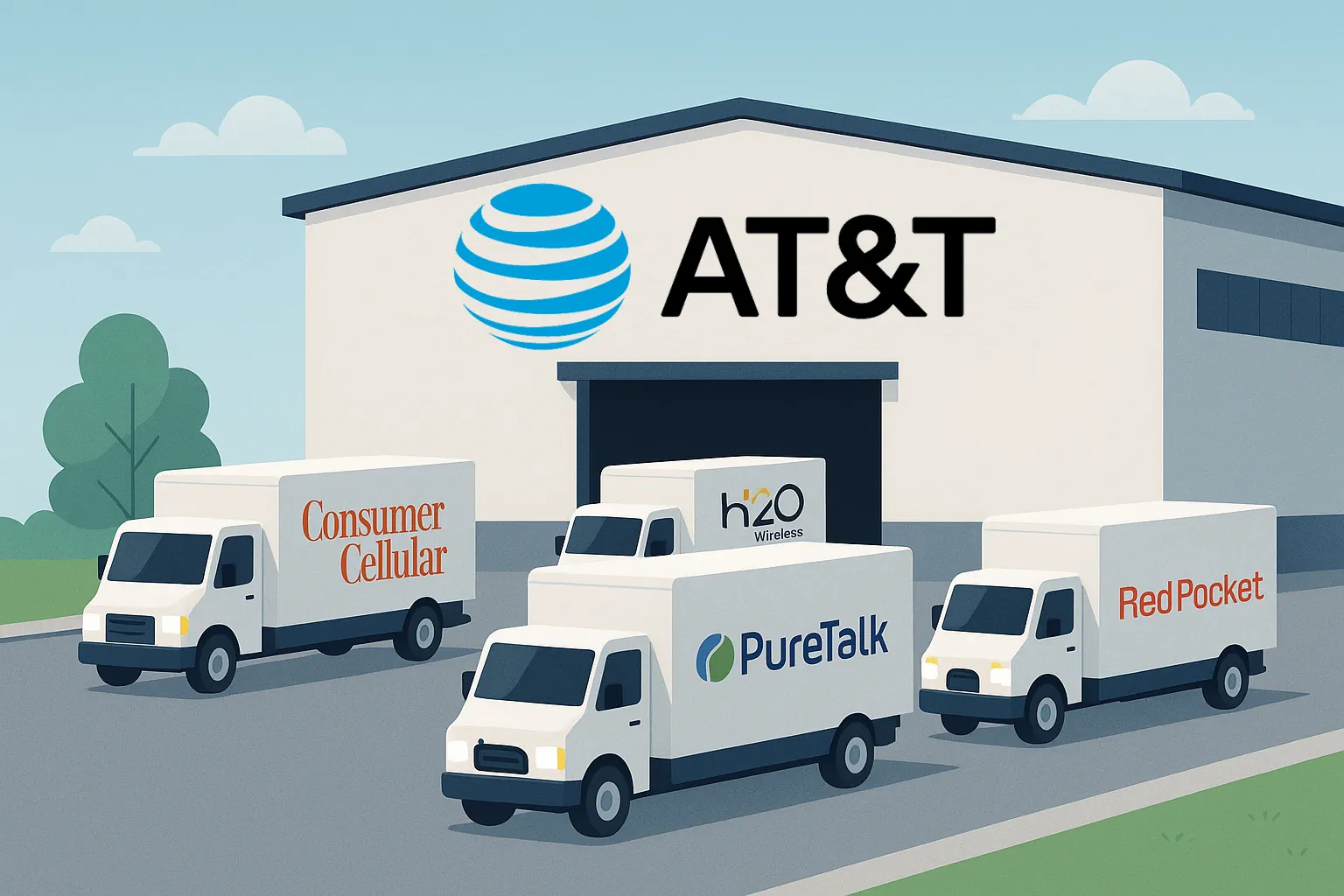 Five MVNO-branded delivery trucks including Consumer Cellular, PureTalk, H2O Wireless, and AirVoice Wireless drive away from an AT&T-branded warehouse, symbolizing MVNOs operating on the AT&T network