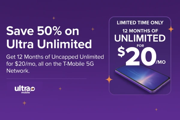 Image with a phone that shows unlimited plan for $20/month and save 50% off unlimited