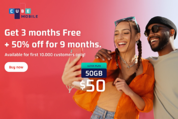 A smiling young couple takes a selfie together in front of a red background, next to a large promotional banner for Cube Mobile. The banner reads 'Get 3 months Free + 50% off for 9 months. Available for the first 10,000 customers only!' and advertises their flagship plan with 50GB of data for $50.