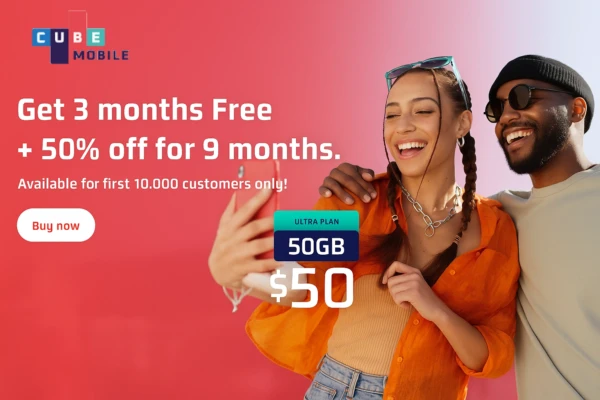 A smiling young couple takes a selfie together in front of a red background, next to a large promotional banner for Cube Mobile. The banner reads 'Get 3 months Free + 50% off for 9 months. Available for the first 10,000 customers only!' and advertises their flagship plan with 50GB of data for $50.