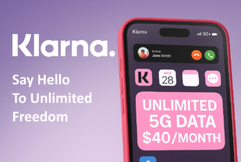 A promotional image for Klarna's wireless service featuring a red smartphone displaying a 5G+ signal, a call from Jane Smith, and Klarna-themed app icons. On the left side, large white text reads “Klarna. Say Hello To Unlimited Freedom.” On the phone screen, a pink widget states “UNLIMITED 5G DATA $40/MONTH.” The background is a smooth purple gradient.