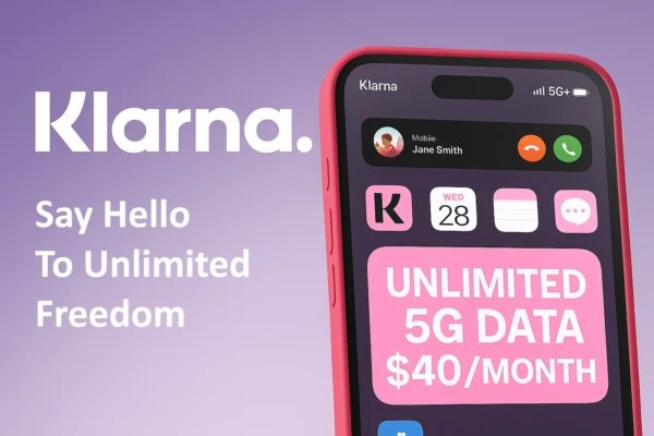 A promotional image for Klarna's wireless service featuring a red smartphone displaying a 5G+ signal, a call from Jane Smith, and Klarna-themed app icons. On the left side, large white text reads “Klarna. Say Hello To Unlimited Freedom.” On the phone screen, a pink widget states “UNLIMITED 5G DATA $40/MONTH.” The background is a smooth purple gradient.