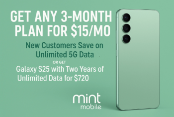 A digital promotional graphic for Mint Mobile featuring a mint green background. On the left, bold white and dark green text advertises a $15/month 3-month plan and a Galaxy S25 with two years of unlimited data for $720. On the right, there's a realistic image of a mint green Galaxy S25 smartphone. The Mint Mobile logo appears at the bottom.