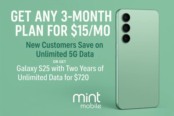 A digital promotional graphic for Mint Mobile featuring a mint green background. On the left, bold white and dark green text advertises a $15/month 3-month plan and a Galaxy S25 with two years of unlimited data for $720. On the right, there's a realistic image of a mint green Galaxy S25 smartphone. The Mint Mobile logo appears at the bottom.