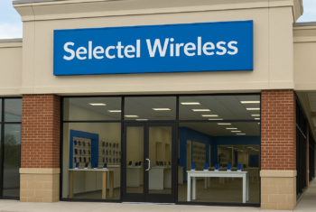 Concept rendering of a Selectel Wireless retail storefront with a blue sign and large glass windows. The interior shows display tables and wall shelves featuring smartphones. This is a digitally created image, not an actual photograph of a real store.