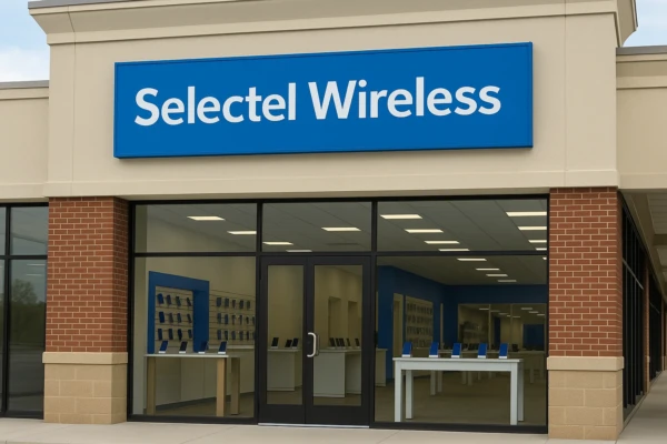 Concept rendering of a Selectel Wireless retail storefront with a blue sign and large glass windows. The interior shows display tables and wall shelves featuring smartphones. This is a digitally created image, not an actual photograph of a real store.